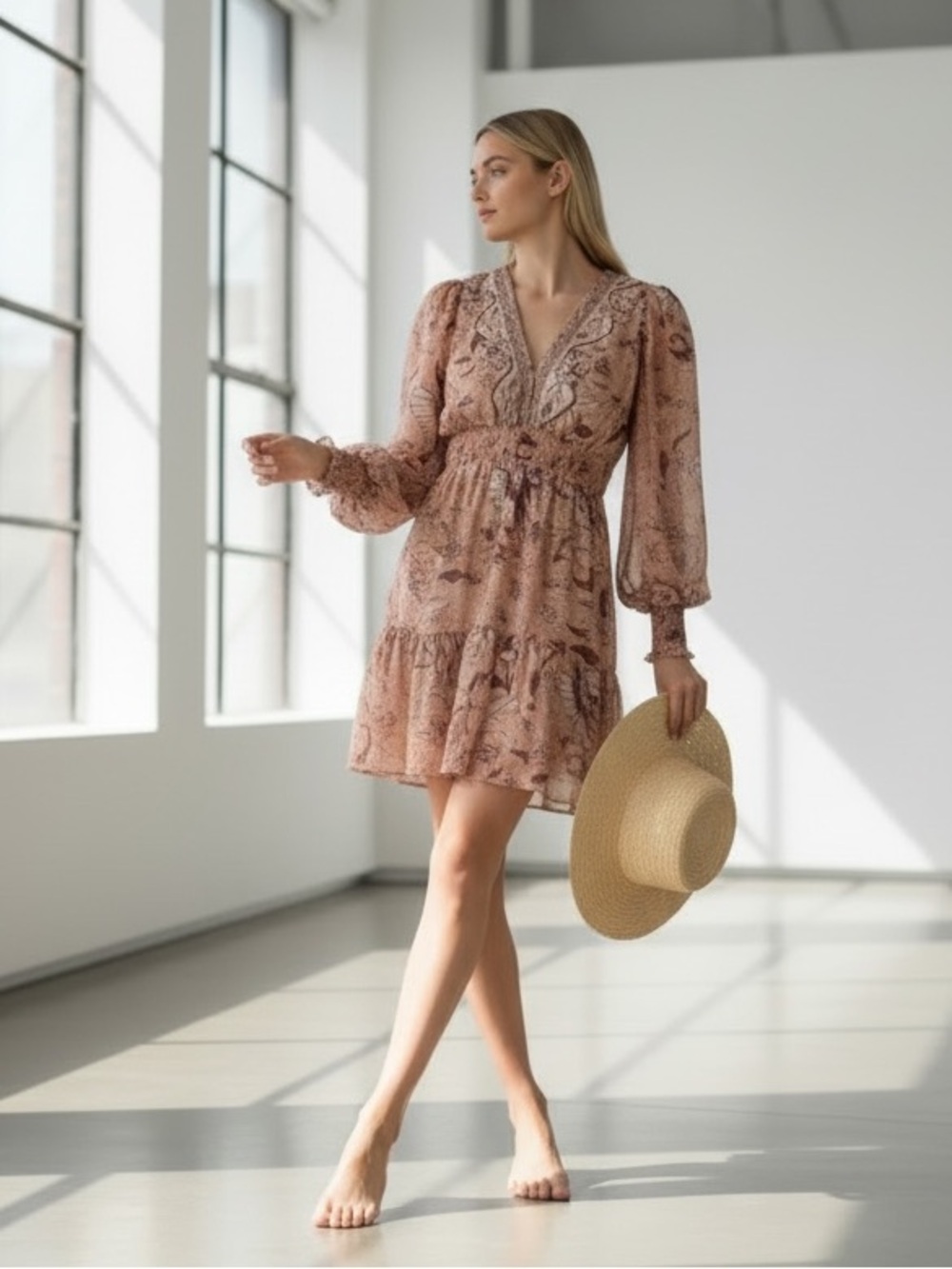 Anthropologie OPT Floral Metallic Bohemian Boho Dress Size M